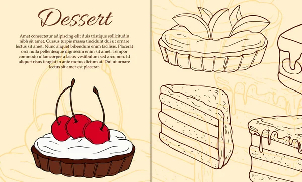 Шаблон десертного флаєра. Ілюстрація тортів для дизайну та Інтернету — стоковий вектор