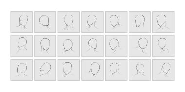 El çizimi insan kafası vektör çizimleri. Düz minimalist portreler, gri arka planda izole edilmiş insan profilleri. Siyah ve beyaz çizgi çizimlerini özetle.