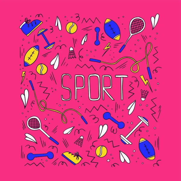 Ilustración deportiva con diferentes símbolos deportivos. Ilustración de estilo de vida activo vectorial en estilo doodle con tipografía . — Vector de stock