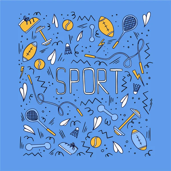 Ilustração esportiva com diferentes símbolos esportivos. Ilustração de estilo de vida ativo vetorial em estilo doodle com tipografia . — Vetor de Stock