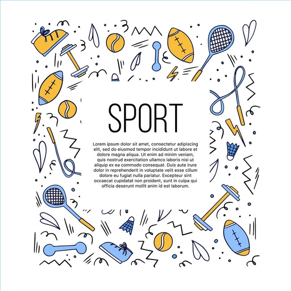 Sport illustratie met verschillende sport symbolen. Vector actieve levensstijl illustratie in doodle stijl met typografie. — Stockvector