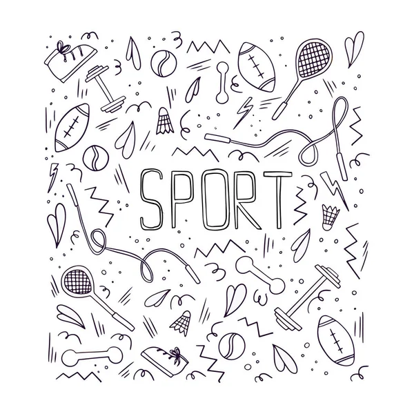 Ilustração esportiva com diferentes símbolos esportivos. Ilustração de estilo de vida ativo vetorial em estilo doodle com tipografia . — Vetor de Stock