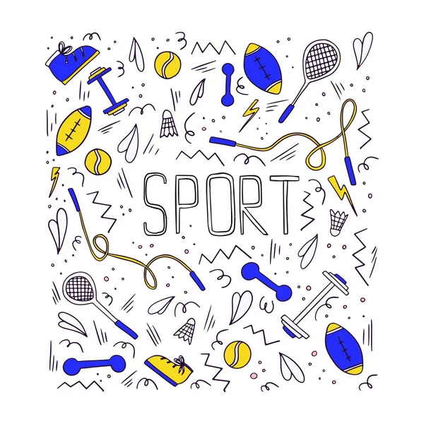 Sport illustratie met verschillende sport symbolen. Vector actieve levensstijl illustratie in doodle stijl met typografie. — Stockvector