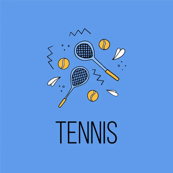 Tenisová ilustrace se sportovními symboly. Vektorová aktivní ilustrace životního stylu ve stylu doodle. — Stockový vektor