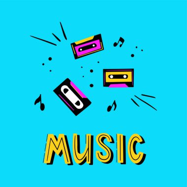 Retro kasetler ve çizim tarzında vektör illüstrasyonlarıyla çevrili video kasetler. Parlak karikatür müzik konsepti veya müzik festivali, rock grubu performansı, afiş şablonu.
