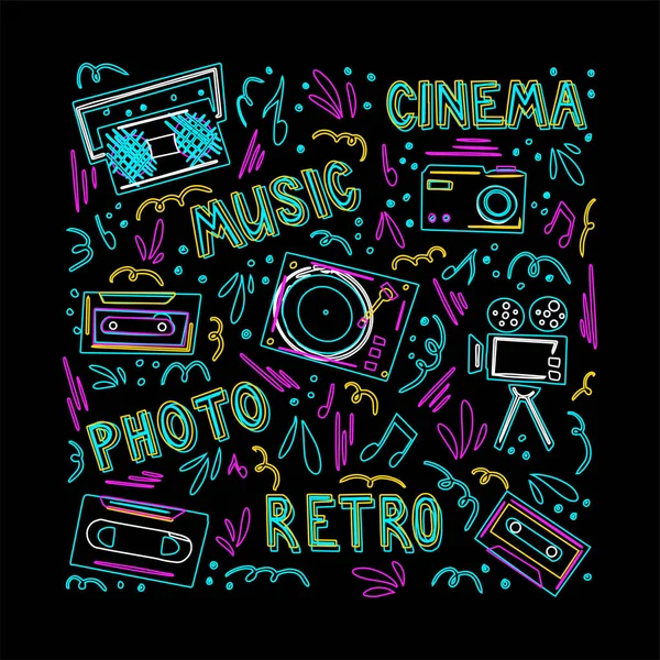 Karalama tarzında retro müzik neon kartı kavramı.