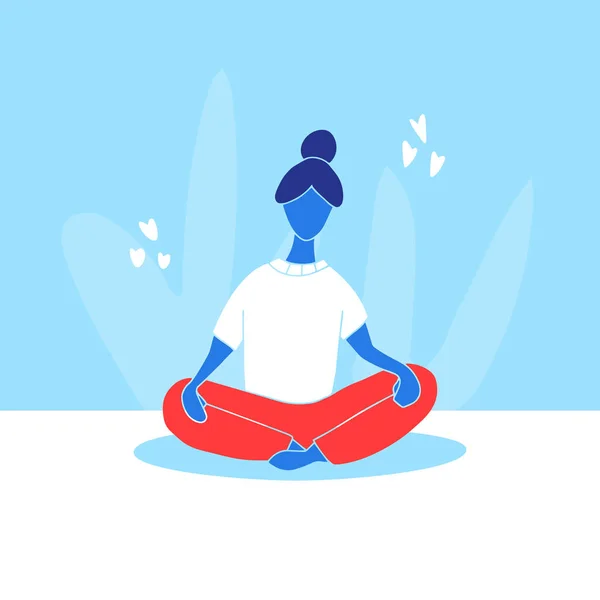 Girl doing yoga vector flat illustration. Woman in sport clothes on blue background hand drawn concept. — Stock Vector
