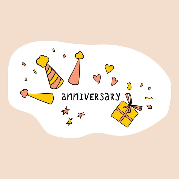 Anniversary invitation card template. Hand drawn lettering, gift box and party hats in cartoon style. — Stock Vector