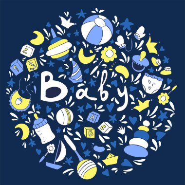 Bebek temalı yuvarlak çizim. Mektup ve çocuk eşyaları, top, girdap, emzik, şişe, çizgi film tarzında tıkırtı. Çocukluk, ebeveynlik, yeni doğmuş şirin aksesuarlar el çizimi..
