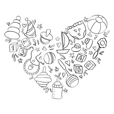 Bebek ve yeni doğan karalama çizimleri. Çocuk eşyaları, top, fırıldak, emzik. Çocukluk, ebeveynlik, yeni doğan aksesuarlar. Doğum günü partisi ya da bebek hediye kartı şablonu.