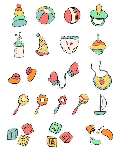 Conjunto Artículos Temáticos Para Bebés Estilo Dibujos Animados Aislados Sobre — Vector de stock