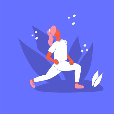 Spor vektörü düz çizim yapan bir kız. Mavi arka planda spor elbiseli kadın konsepti çizmiş. Aktif eğlence, sağlıklı yaşam tarzı, pilates, fitness, meditasyon tasarım elementleri.