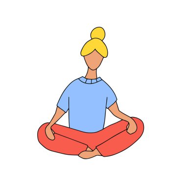 Yoga vektör karikatürü çizen kız. Spor elbiseli kadın el çizimi konsept. Aktif eğlence, sağlıklı yaşam tarzı, pilates, meditasyon tasarım unsurları. Yoga stüdyosu kadın karakter.