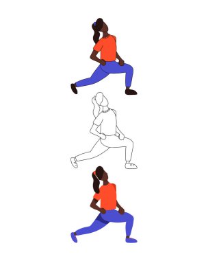 Üç kadın karakter. Kız düz, çizgi film ve çizgi film tarzı. Spor yapan kadınların vektör çizimi. Aktif eğlence, sağlıklı yaşam tarzı, pilates, fitness, meditasyon tasarım elementi.