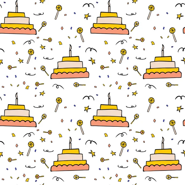 生日庆祝无缝图案 卡通片风格的生日快乐派对和结婚周年背景 独创的生日横幅设计 — 图库矢量图片