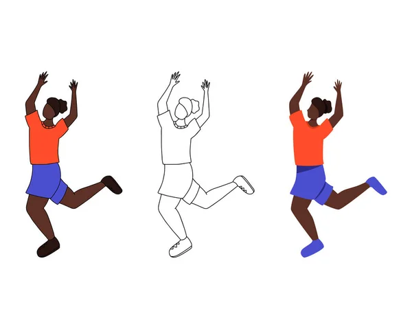 Conjunto Tres Personajes Femeninos Bailarina Con Las Manos Levantadas Estilo — Vector de stock