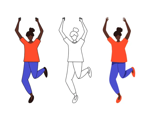 Conjunto Tres Personajes Femeninos Bailarina Con Las Manos Levantadas Plano — Vector de stock