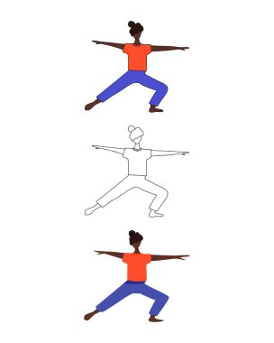 Üç kadın karakter. Kız düz, çizgi film ve çizgi film tarzı. Yoga yapan kadınların vektör çizimi. Aktif eğlence, sağlıklı yaşam tarzı, pilates, fitness, meditasyon tasarım elementi.