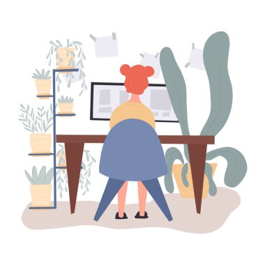 Evdeki vektör düz çizimde çalışan genç bir kadın. Masada rahat bir sandalyede oturan ve karantinada bilgisayarla çalışan bir kadın. Serbest çalışan, serbest çalışan, ortak çalışma alanı kavramı.