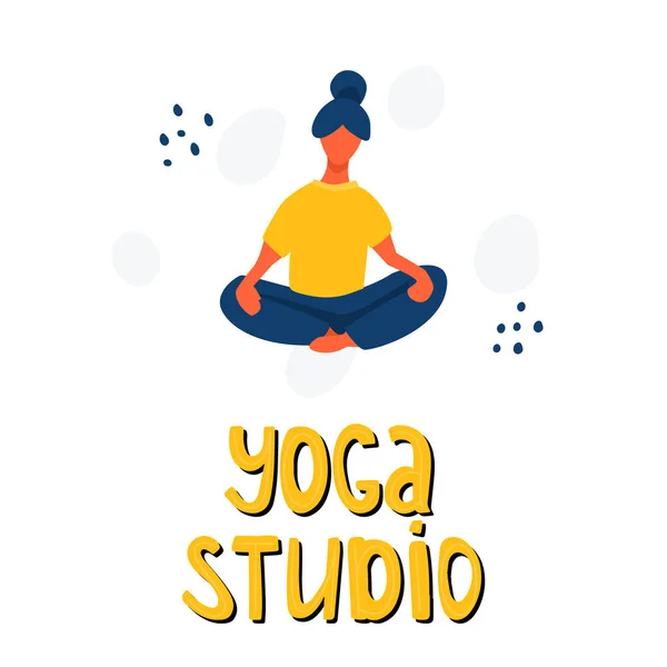 Girl stretching and doing yoga vector flat illustration with hand drawn lettering. Woman in sport clothes. Yoga studio, active recreation, healthy lifestyle, pilates card design.