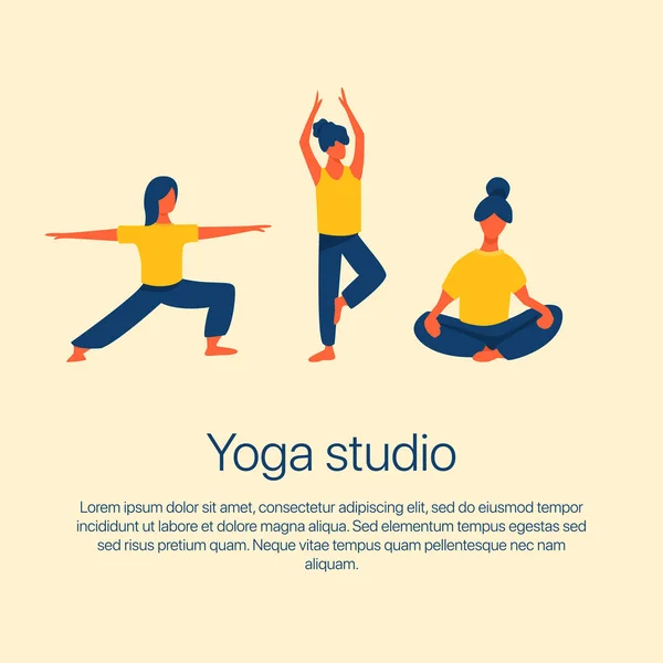 Girls stretching and doing yoga vector flat illustration with text space. Women in sport clothes. Yoga studio, active recreation, healthy lifestyle, pilates card design.