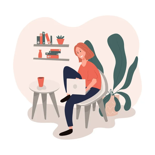 Young Woman Working Home Vector Flat Illustration Woman Sitting Comfortable — Stock Vector
