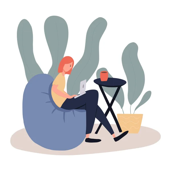Jovem Mulher Trabalhando Casa Vetor Plana Ilustração Mulher Sentada Cadeira —  Vetores de Stock