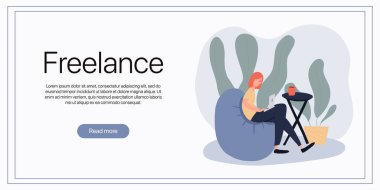 Serbest vektör düz iniş sayfası şablonu. Masada rahat bir sandalyede oturan ve karantinada bilgisayarla çalışan bir kadın. Serbest çalışan, serbest çalışan, ortak çalışma alanı kavramı.