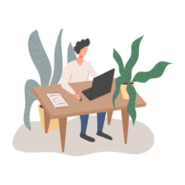 Evdeki vektör düz çizimde çalışan genç bir adam. Masada rahat bir sandalyede oturan ve karantinada bilgisayarla çalışan bir adam. Serbest çalışan, serbest çalışan, ortak çalışma alanı kavramı.