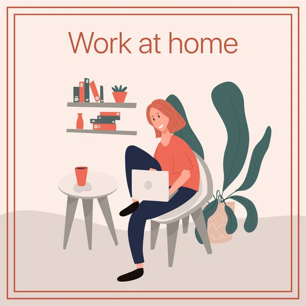 Work Home Vector Flat Card Template Woman Sitting Home Comfortable — Stock Vector