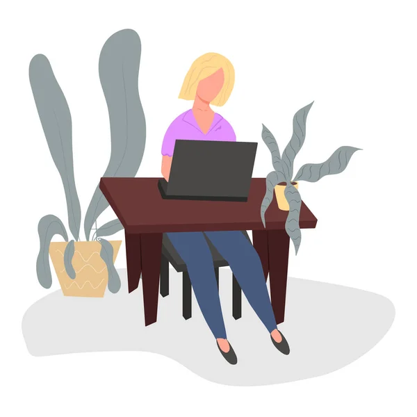 Mujer Joven Que Trabaja Casa Vector Ilustración Plana Mujer Sentada — Vector de stock