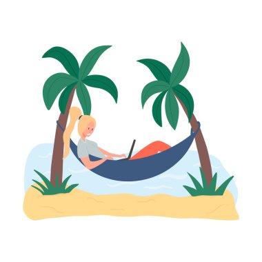 Genç kız hamakta yatıyor ve dizüstü bilgisayarın düz çizimi üzerinde çalışıyor..