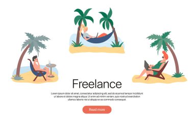 Serbest vektör düz iniş sayfası şablonu. Genç erkekler ve kadınlar evde ve plajda çalışıyorlar..