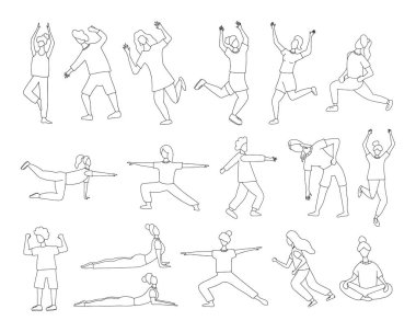 Spor yapan kızlar ya da yoga vektörü çizimi yapan kızlar. Spor elbiseli kadınlar el çizimi konsept.