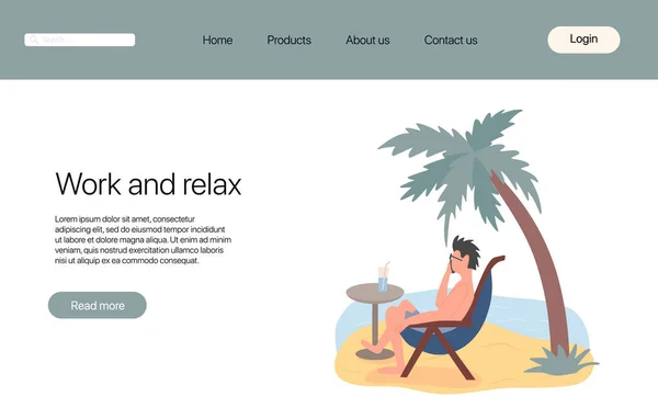 Werk en ontspannen landing page sjabloon. Man zit in een zonnebed op het strand en spreekt aan de telefoon. — Stockvector