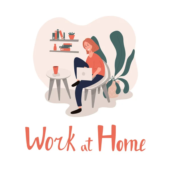 Work at home vector flat card template with hand drawn lettering. — Stock Vector