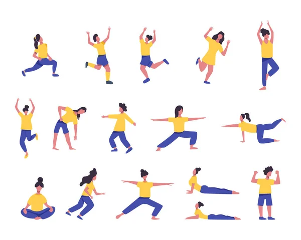 Beyaz arka planda izole edilmiş spor ya da yoga vektörü çizimi yapan kızlar.