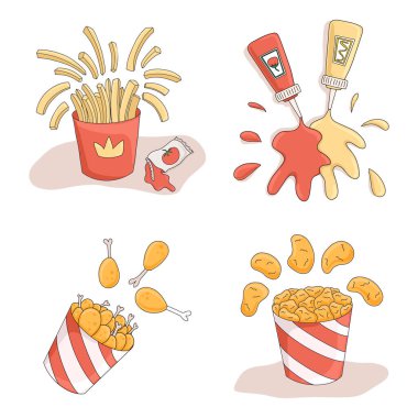 Fast food vektör karikatür çizimleri. Patates kızartması, ketçap, hardal, kızarmış tavuk ve kovada nugget. Cafe, restoran, menü tasarımı için parlak yemek çizelgesi.