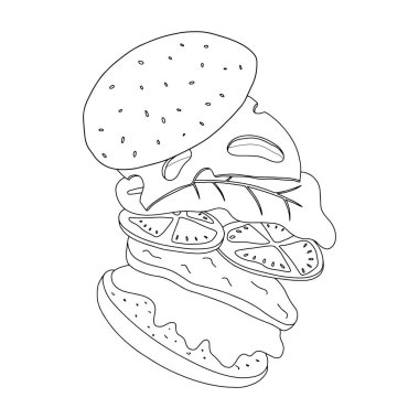 Hamburger vektör taslağı çizimi. Çörekli Amerikan fast food çizburgeri, marul, peynir, domates, sığır eti, sos. Cafe, restoran, menü tasarımı için klasik hamburger..