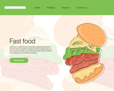 Hamburger vektör çizgi film iniş sayfası şablonu. Çörekli Amerikan fast food çizburgeri, marul, peynir, domates, sığır eti, sos. Cafe, restoran, menü web sitesi tasarımı için klasik burger.