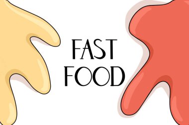 Ketçap ve hardal vektör karikatür şablonu, el çizimi harflerle. Fast food için geleneksel soslar. Lokanta, kafe ve web tasarımı için parlak renkli lezzetli bir konsept.