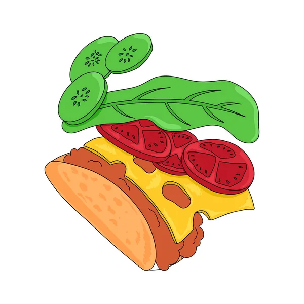 Ilustracja Wektora Taco Kreskówki Ręcznie Rysowane Tradycyjne Meksykańskie Fast Food — Wektor stockowy