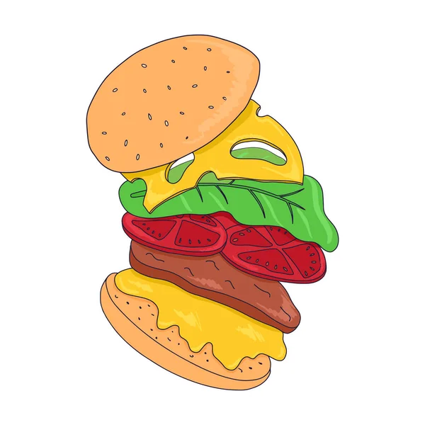 Hamburger Vector Cartoon Illustratie Amerikaanse Fastfood Cheeseburger Met Broodje Bladeren — Stockvector