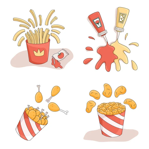 Fast food vektör karikatür çizimleri. Patates kızartması, ketçap, hardal, kızarmış tavuk ve kovada nugget. Cafe, restoran, menü tasarımı için parlak yemek çizelgesi.