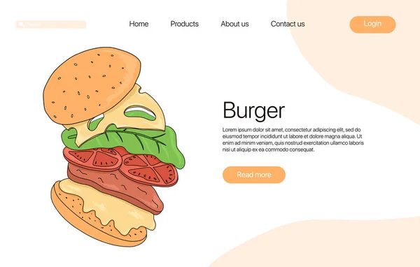 Hamburger Vetor Desenho Animado Landing Page Template American Fast Food — Vetor de Stock
