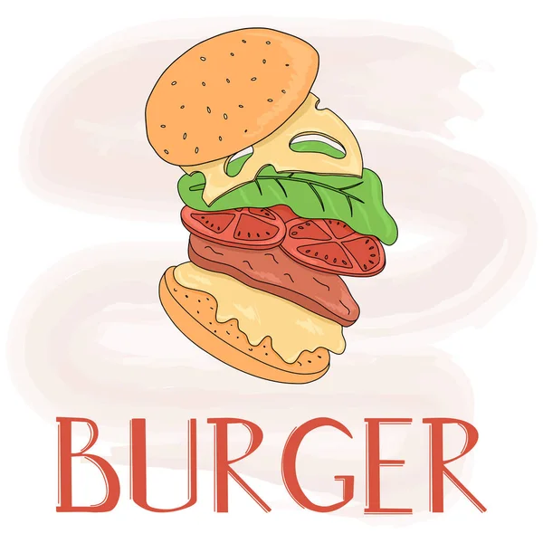 Hamburger Vektor Cartoon Kartenvorlage Mit Handgezeichneten Schriftzügen Amerikanischer Fast Food — Stockvektor