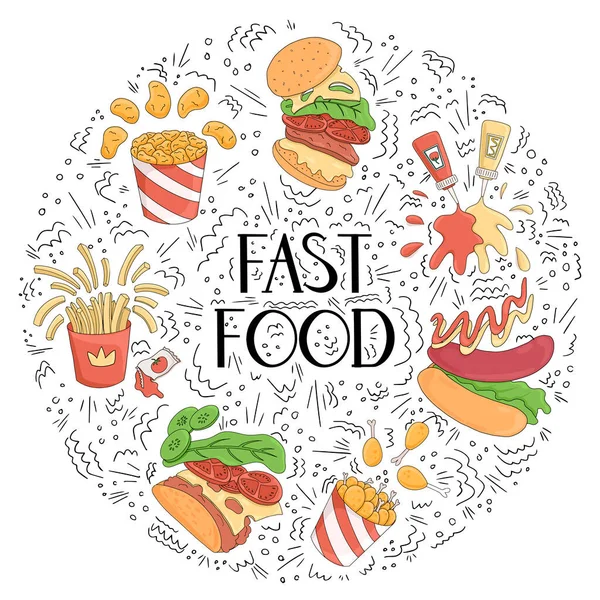 Fast food vektör karikatür konsepti ve el çizimi harfler. Patates kızartması, hamburger, sosisli nugget, kızarmış tavuk, ketçap ve karalama elementli hardal çizimi..