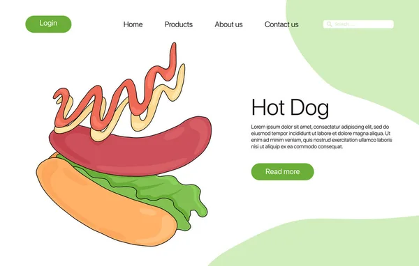 American Hot Dog Vector Cartoon Modelo Página Destino Fast Food — Vetor de Stock