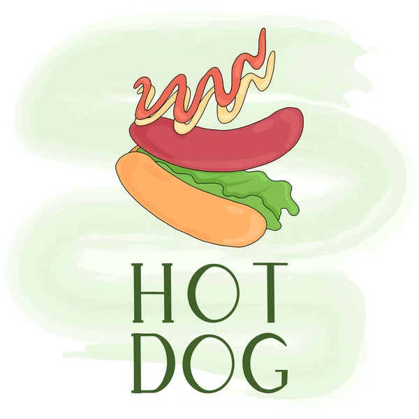 American hot dog vector cartoon card design. Bright fastfood with bun, sausage, leaves lettuce, ketchup, and mustard. — Stock Vector