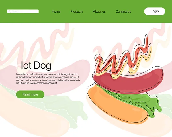 American hot dog vector cartoon modelo de página de destino. Fast food brilhante com pão, salsicha, alface de folhas, ketchup e mostarda . — Vetor de Stock